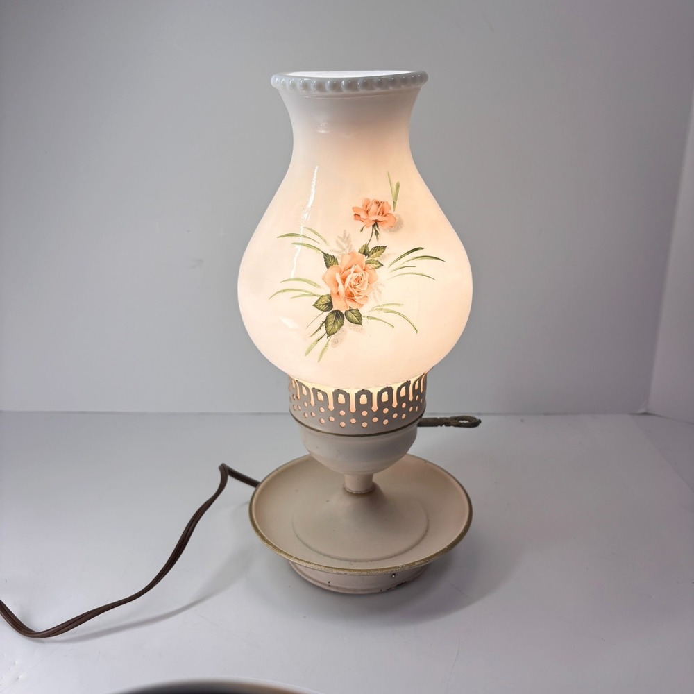 Milk Glass Hand Painted Floral Hurricane Vanity Table Lamp Trinket Tray VTG